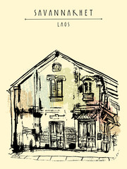 Old building in Savannakhet, former French colonial town, Laos, Southeast Asia. Travel sketch. Vintage hand drawn touristic postcard, poster or book illustration in vector