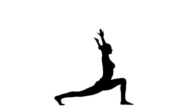 Healthy woman practice yoga. White. Slow motion. Silhouette
