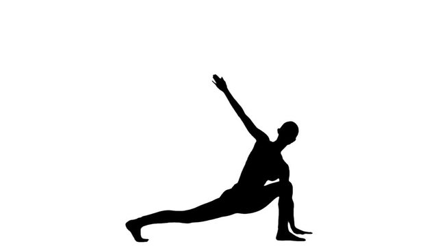 Healthy and fit woman practicing yoga. White. Slow motion. Silhouette