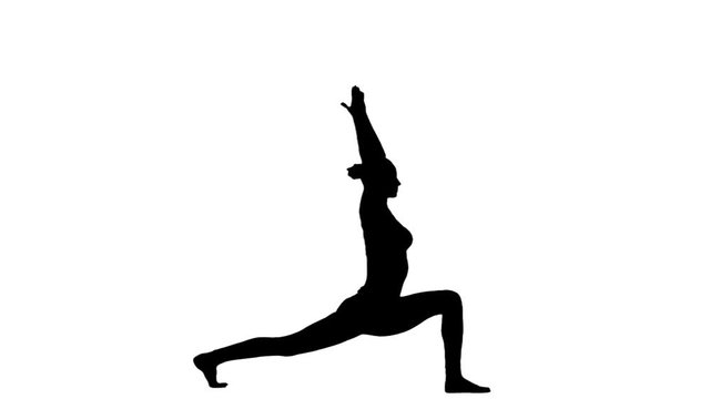 Sport girl practicing yoga. White. Slow motion. Silhouette
