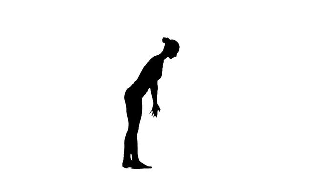 Female silhouette young woman doing yoga exercises. White. Slow motion. Silhouette