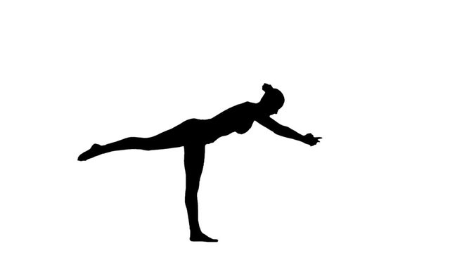 Silhouettes of women in yoga poses and sport exercise. White. Slow motion. Silhouette