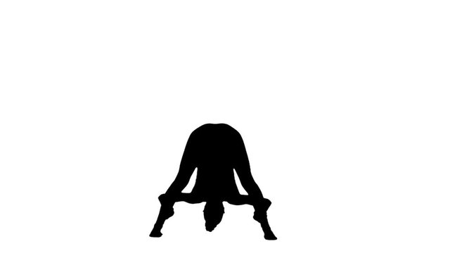 Girl practicing yoga silhouette. White. Slow motion. Silhouette