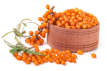 Sea-buckthorn berries in a wooden bowl with sprig isolated on white background