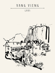 Mountains, riverside and a guesthouse in Vang Vieng, Laos, Southeast Asia. Vintage hand drawn touristic postcard in vector