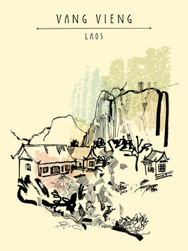 Mountains, riverside and a guesthouse in Vang Vieng, Laos, Southeast Asia. Vintage hand drawn touristic postcard in vector