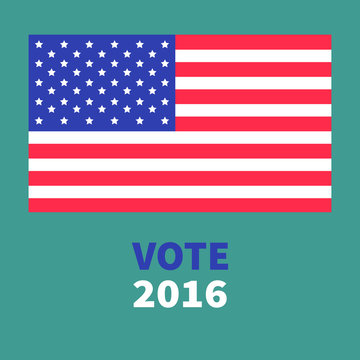 President election day 2016. Voting concept. Big american flag. Isolated Green background Flat design Card