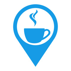 Icono plano localizacion cafe humeante azul