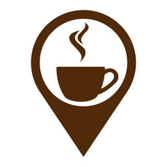 Icono plano localizacion cafe humeante marron