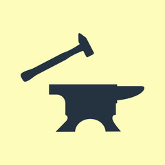 Icono plano yunque y martillo en fondo amarillo