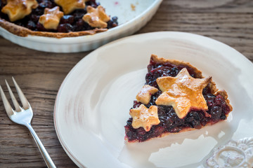 Portion of mince pie on the wooden background