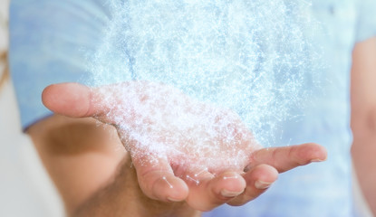 Businessman holding 3D rendering data network sphere in his hand