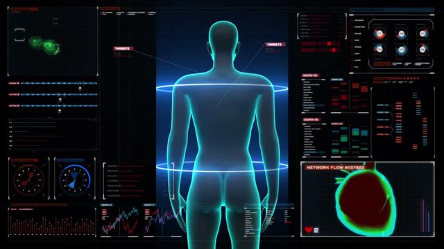 Female Human body scanning lymphatic system in digital display dashboard. Blue X-ray light. HD