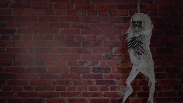 Terrible skeleton on the gallows. Halloween Spirit.