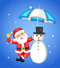 Santa Protecting Snowman with Snowfalls