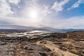 Fototapeta na wymiar panoramic view of thingvellir national park at wintertime and back lighted photo, iceland