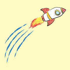 Rocket Flying Doodle Crayon Style Drawing