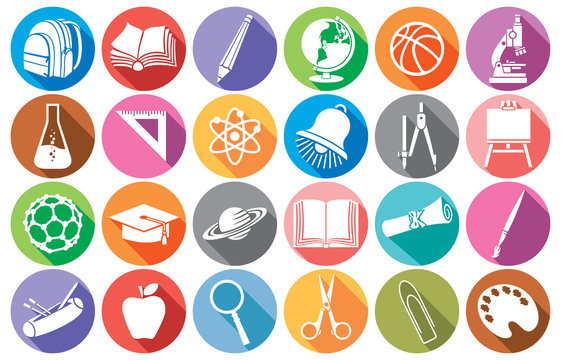 education and school flat school icons collection (diploma, pencil box, bell, book, bag pack, globe, paint brush, pencil, abacus, board, graduation cap, microscope, ruler)