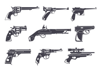 Firearm set. Guns, pistols, revolvers. Flat design