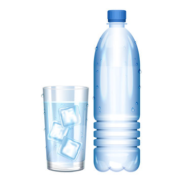 Water in bottle. Glass of pure water with ice. Vector 