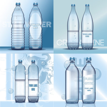 Vector set of transparent plastic blue liquid bottle with caps for mineral water mockup ready for your design