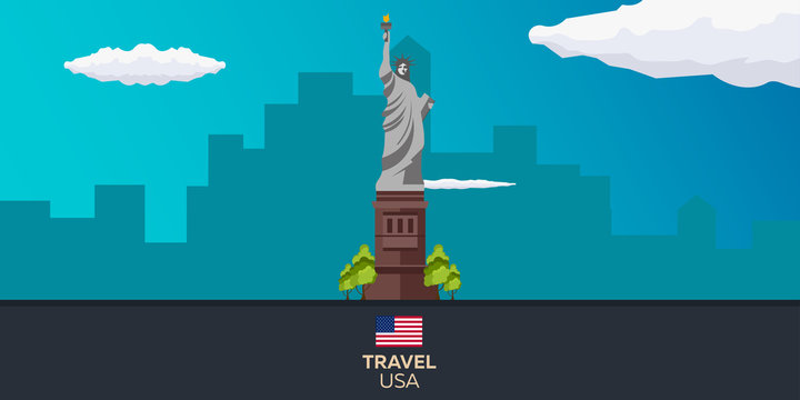 Travel to USA, New York Poster skyline. Statue of Liberty. Vector illustration.