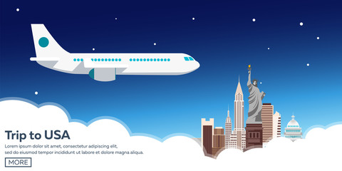 Trip to USA. New York skyline. Travelling illustration. Modern flat design. Time to travel.