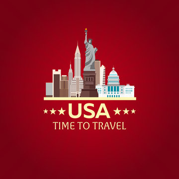 Travel to USA, New York Poster skyline. Time to travel. Statue of Liberty. Vector illustration.