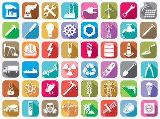 industry flat icons set (wrench, solar panels, screw, screwdriver, lightning, nuclear power plant, atom, hard hat, drill, pipeline, wind turbine, hammer, water tap, power plug, crane, gas mask)