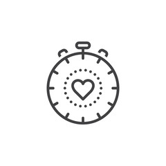 Cardio Workout symbol. stopwatch with heart line icon, outline vector logo illustration, linear pictogram isolated on white