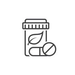 Herbal medicine symbol. Pill bottle with leaf line icon, outline vector logo illustration, linear pictogram isolated on white