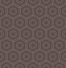 Geometric repeating vector ornament with hexagonal dotted golden elements. Seamless abstract modern pattern