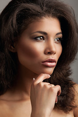 Portrait of an extraordinary beautiful naked metis young woman with perfect smooth glowing skin, full lips and lush loose brown hair. Studio shoot of an african american female model - 123995196