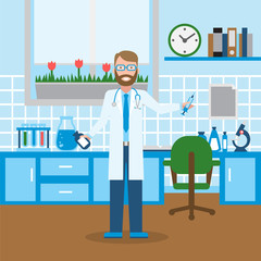 Doctor in the lab. Funny smiling male doctor or scientist in the medical lab. Chemistry cabinet.