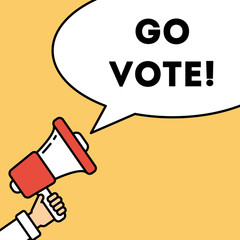 Go vote concept. Hand with megaphone on orange background with speech bubble. Presidential campaign.