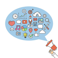 Megaphone business concept. Hand holding loudspeaker with big speech bubble. Concept of promotion, development and e-commerce.