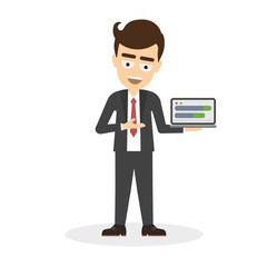 Businessman with successful business. Isolated cartoon character with chart board and statistics. Progress data. Making profit.