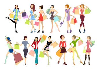 Fototapeta na wymiar Shopping women set. Elegant, young and slim women in different outfits with colorful shopping bags on white background.
