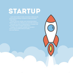 Startup rocket concept. Big beautiful red rocket flying in the sky. Idea of new ideas, innovations and development.