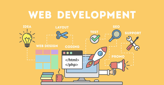 Web development concept. Table with computer and many icons. Idea of coding and programming.