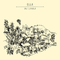 Street in Ella village, Sri Lanka, Asia. Trees, houses, man wearing a sarong. Travel sketch. Hand-drawn vintage book illustration, touristic postcard or poster