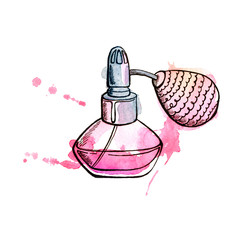 Pink perfume bottle with pump. Hand painting watercolor illustration of glass  pink perfume bottle  with pump