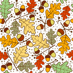 Naklejka na ściany i meble Autumn seamless pattern of oak twigs and acorns. Vector illustration. Cute vector backgrounds in warm retro colors. Seamless pattern can be used for wallpaper, pattern fills, surface textures