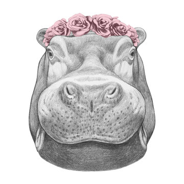 Portrait of Hippo with floral head wreath. Hand drawn illustration.