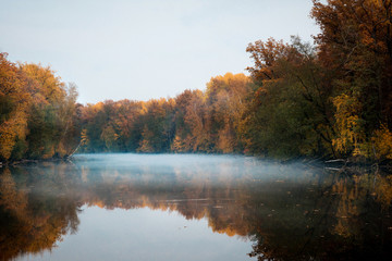autumn landscape, river, haze, evening
