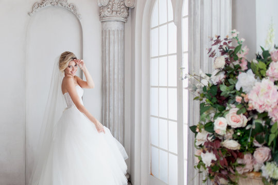 Charming young bride in luxurious wedding dress. Pretty girl, is near big window