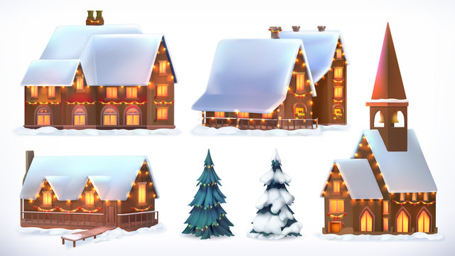 Christmas. Cottages, country houses. Festive Christmas decorations. New Year. Set of 3d vector icon