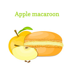 Vector illustration of a delicious French dessert. Macaroon yellow apple. Macaron delicious orange fruit sweetness isolated on white background to design a menu, packaging, confectionery decoration.