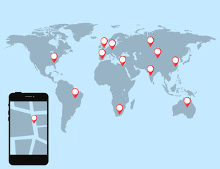 Mobile gps navigation concept. Mobile with Gps Navigation. World map