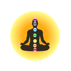 Meditating man, posture lotus, energy points vector icon